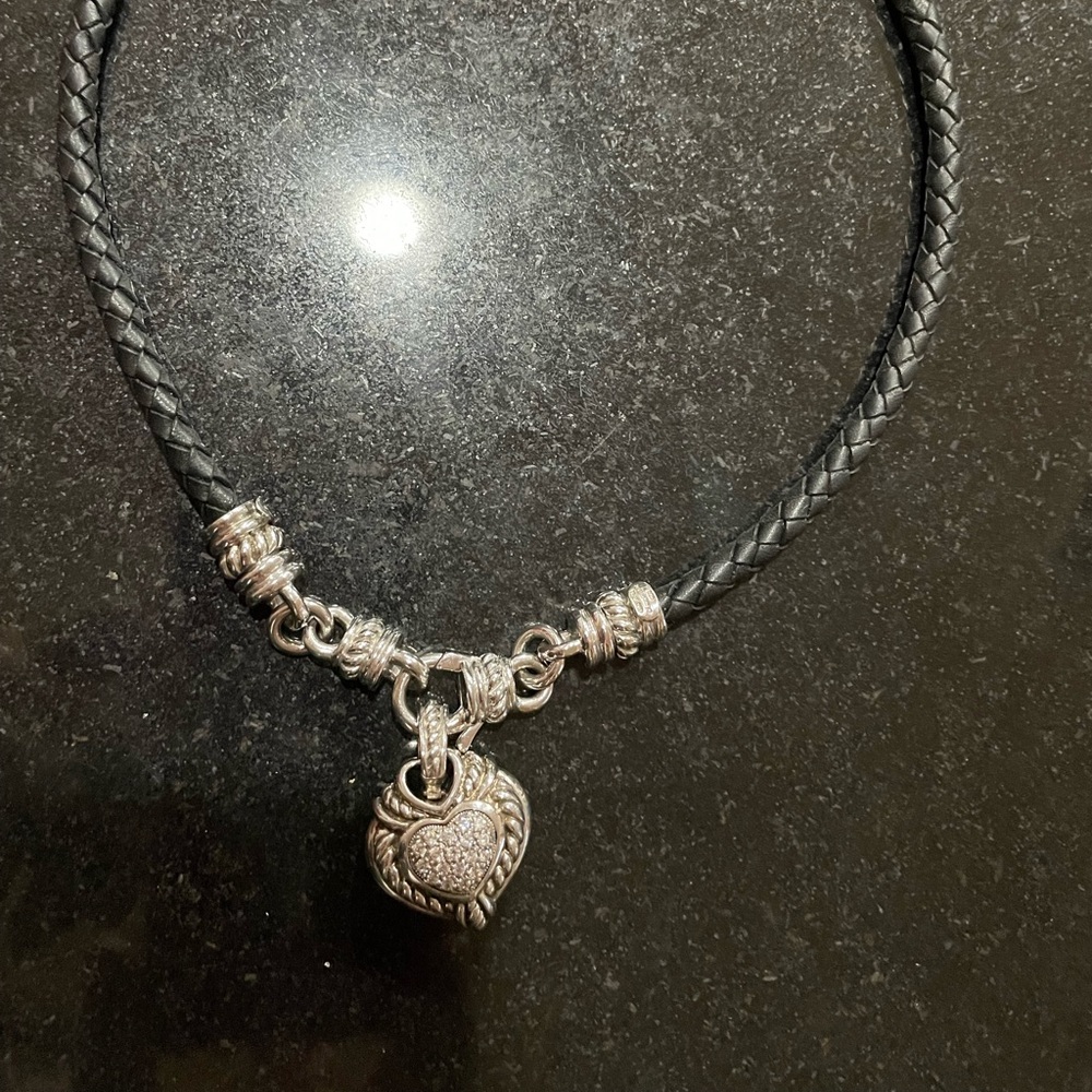 Judith Ripka Sterling and CZ heart pendant leather necklace and lobster clasp - Picture 2 of 8